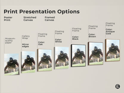 Explore print presentation options for American Football Player artwork. Choose from poster prints stretched canvas and framed canvas. Options include black brown antique gold and white frames. Find the perfect style for your man cave office or sports-themed decor.