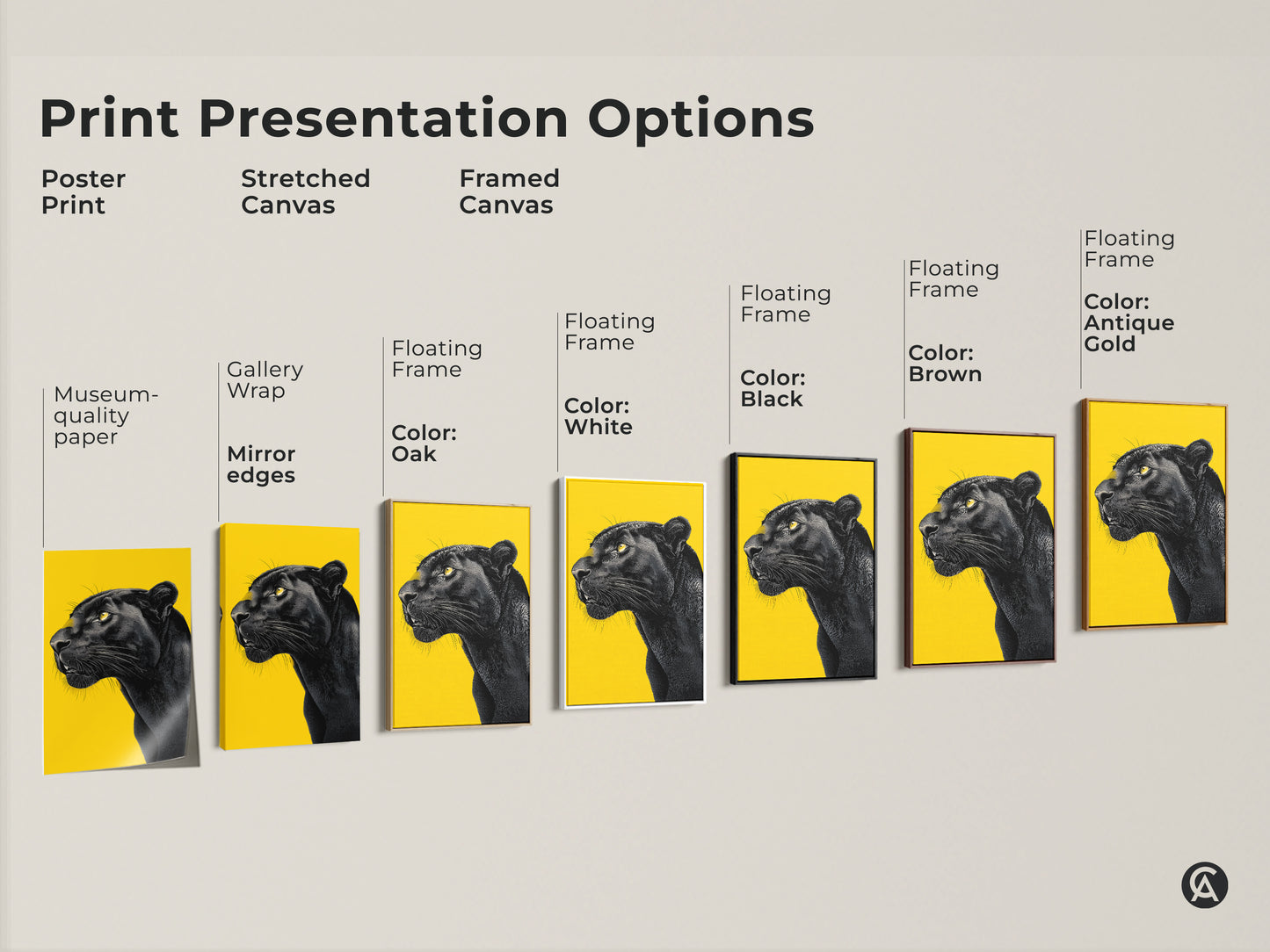 Explore print presentation options with this black panther artwork showcased in poster stretched and framed canvas formats. Each style enhances the vibrant yellow background and detailed animal portrait. Find the perfect museum-quality paper gallery wrap or floating frame to complement your space with this wildlife art.