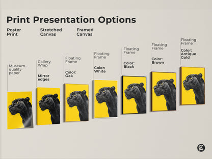 Explore print presentation options with this black panther artwork showcased in poster stretched and framed canvas formats. Each style enhances the vibrant yellow background and detailed animal portrait. Find the perfect museum-quality paper gallery wrap or floating frame to complement your space with this wildlife art.