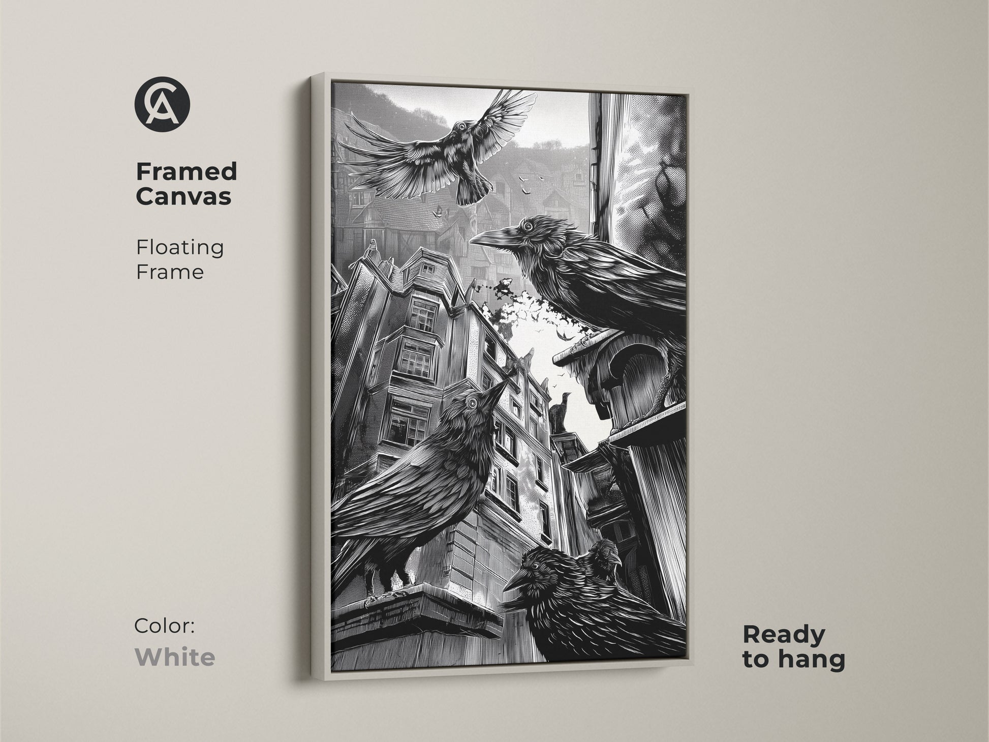 Framed canvas showcasing gothic crow art with a white floating frame. This black and white urban cityscape art brings a dark academia vibe to any room. Ready to hang. Perfect for gothic home decor or as a unique Halloween gift. Ideal for study or office.
