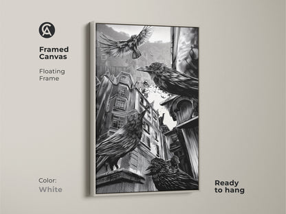 Framed canvas showcasing gothic crow art with a white floating frame. This black and white urban cityscape art brings a dark academia vibe to any room. Ready to hang. Perfect for gothic home decor or as a unique Halloween gift. Ideal for study or office.