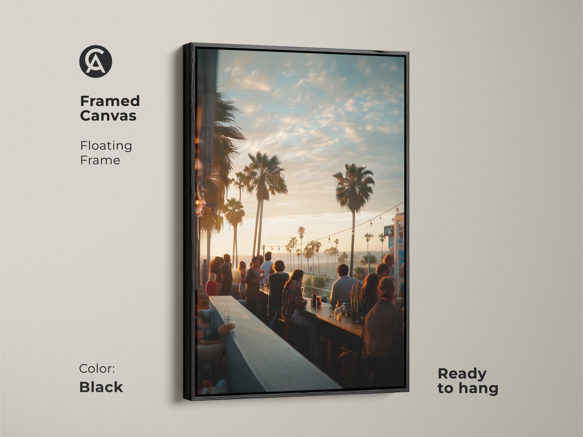 Framed canvas artwork with a floating black frame. The art features a vibrant sunset bar scene with silhouetted figures and palm trees. Ready to hang this piece adds a touch of modern coastal charm to any space. Perfect for art lovers.