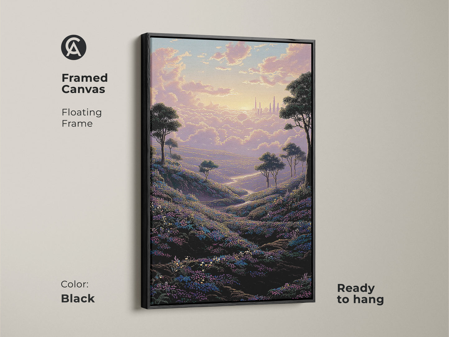 Framed canvas art in a floating black frame showcases a dreamy cityscape and flower field. This fantasy landscape is ready to hang. Perfect as eclectic residential wall decor or a housewarming gift.