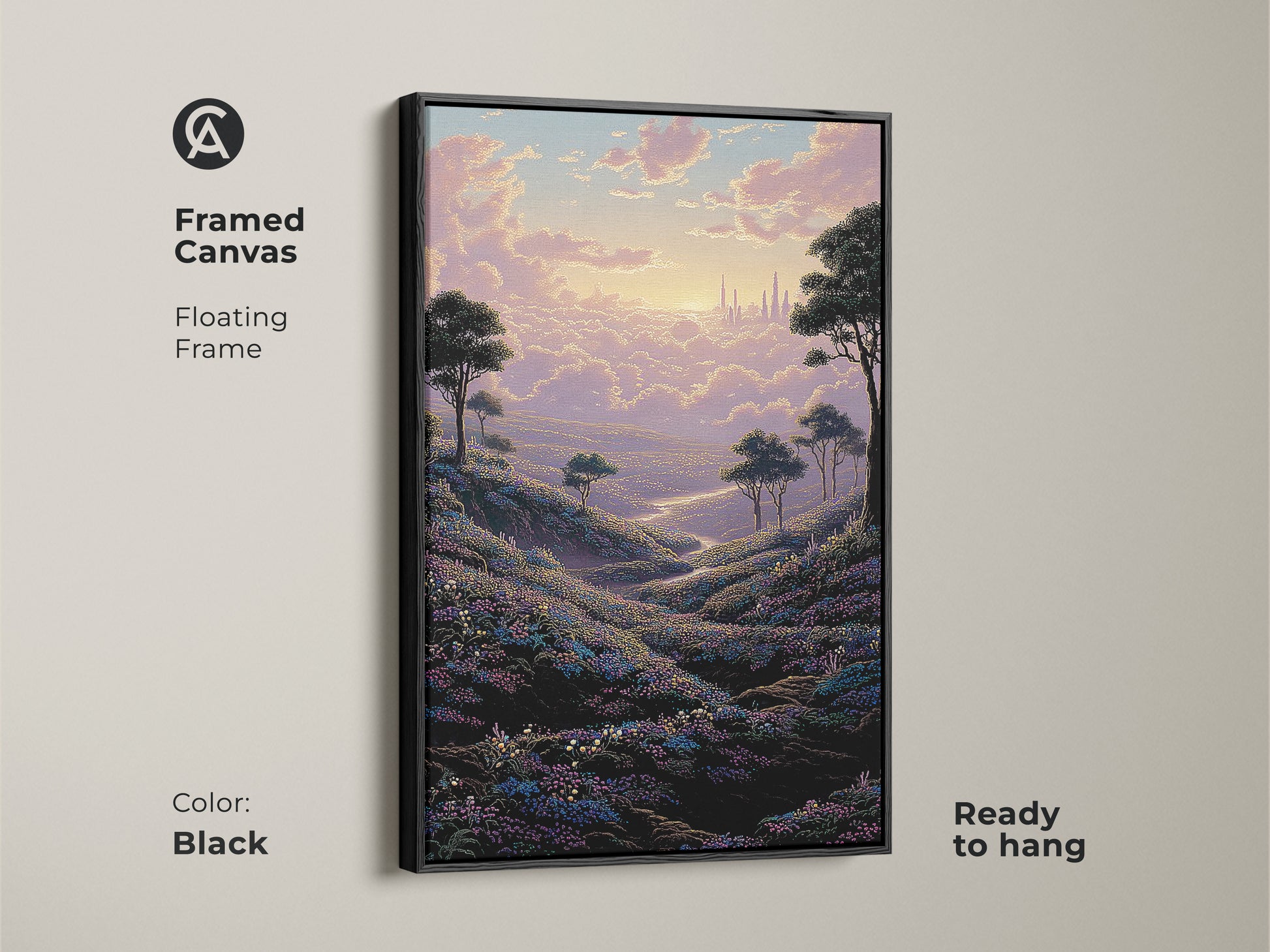 Framed canvas art in a floating black frame showcases a dreamy cityscape and flower field. This fantasy landscape is ready to hang. Perfect as eclectic residential wall decor or a housewarming gift.