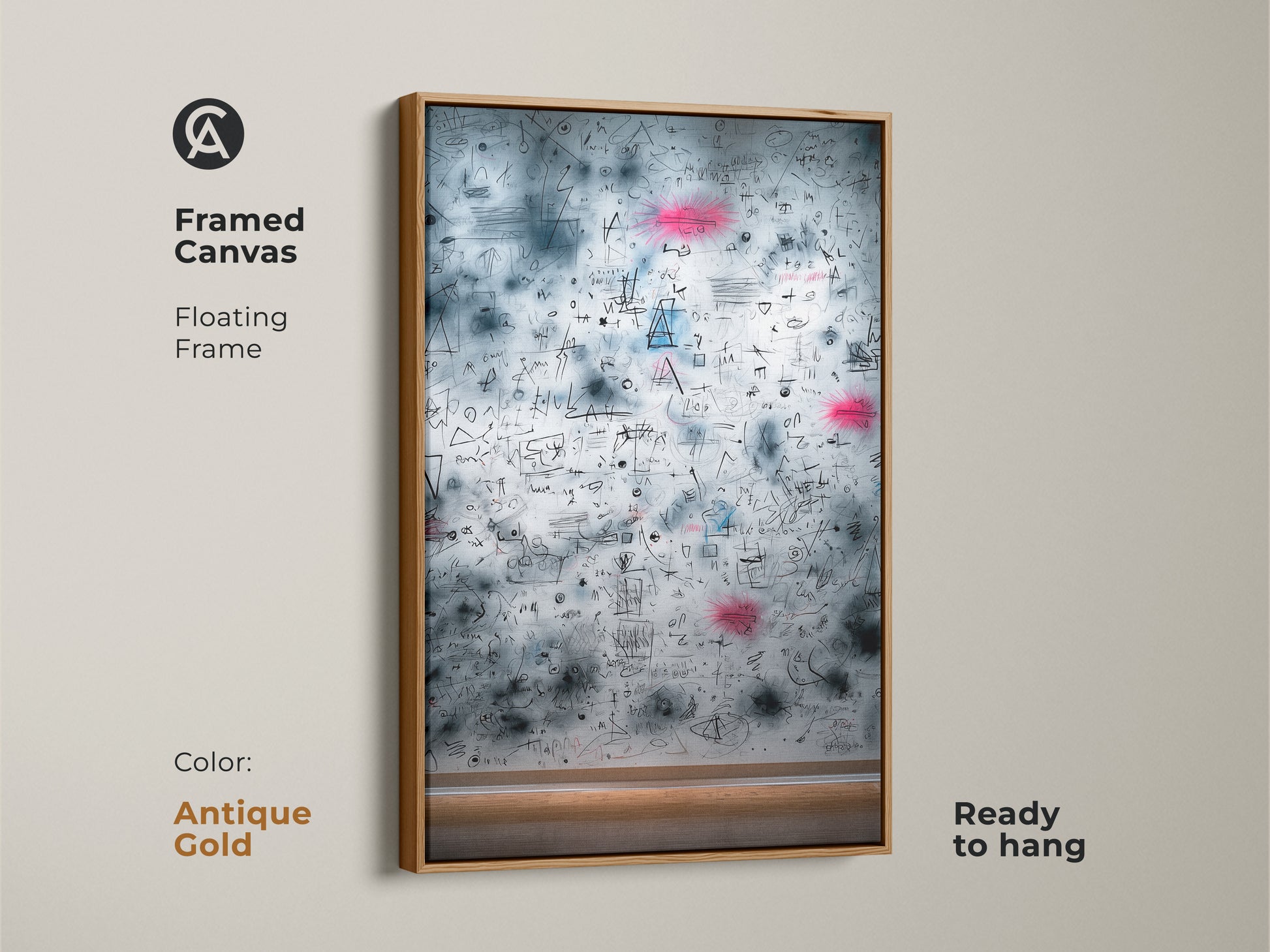 Antique Gold framed canvas print featuring abstract math equations. The floating frame accentuates its beauty. This distinctive artwork is ready to hang. Add a touch of classic charm to your decor.
