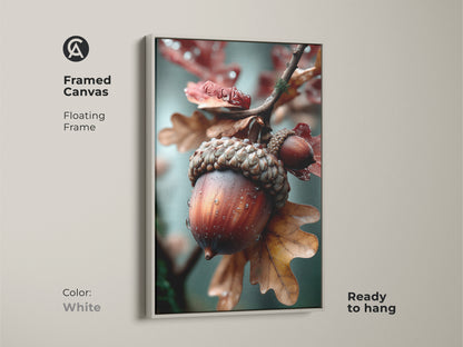 Framed canvas art showcasing an acorn in a white floating frame. The clean white frame highlights the natural subject. This ready-to-hang artwork is a fresh addition to any room. The detailed art complements any decor.