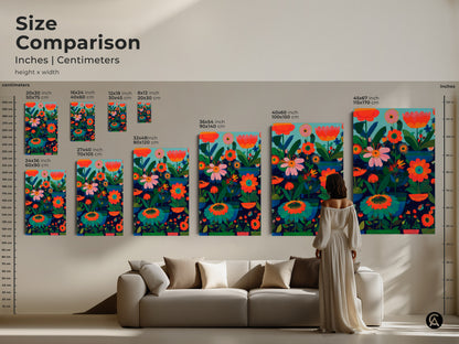 Size comparison of abstract botanical wall art in inches and centimeters. Modern folk art print displayed in various dimensions above a sofa. Choose the ideal size for your canvas or poster print. The boho floral decor complements any eclectic living room. A unique gift for plant enthusiasts.