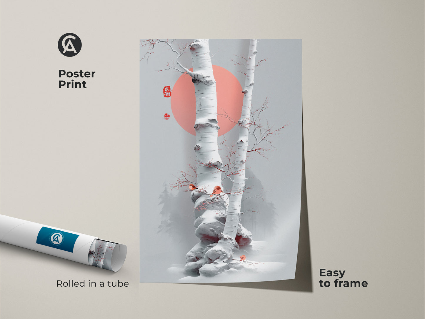 Poster print of a minimalist birch tree artwork. The Scandinavian winter birds canvas showcases Japanese ink nature art. The coral sun wall art brings a serene touch. Easy to frame this fine art nature print is rolled in a tube.