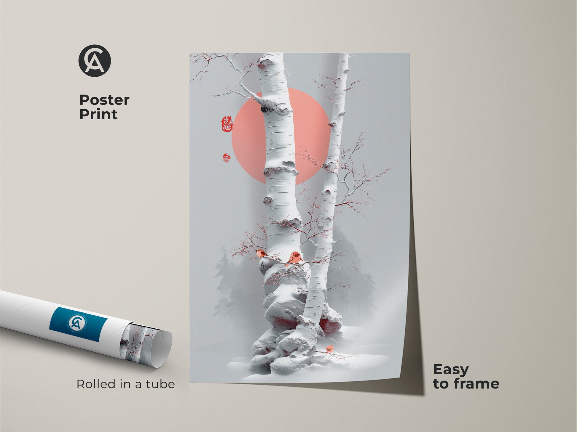 Poster print of a minimalist birch tree artwork. The Scandinavian winter birds canvas showcases Japanese ink nature art. The coral sun wall art brings a serene touch. Easy to frame this fine art nature print is rolled in a tube.