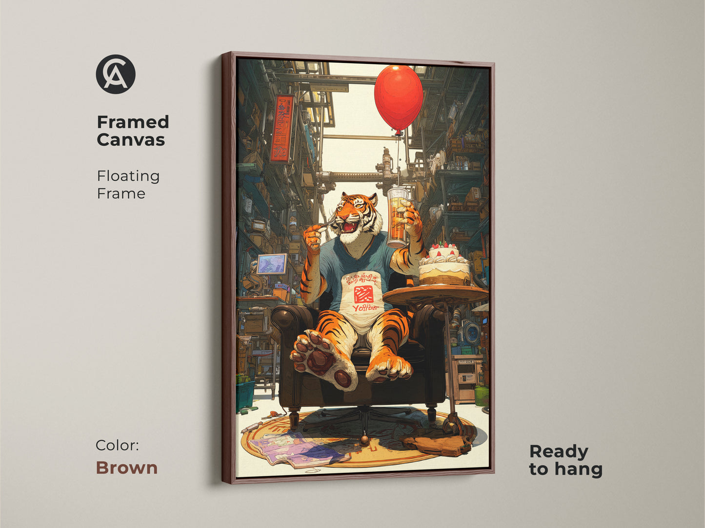 This framed canvas with floating frame shows a whimsical tiger enjoying beer and cake. This brown frame art is ready to hang. The red balloon and urban-inspired backdrop add a playful touch. A perfect gift for tiger lovers.