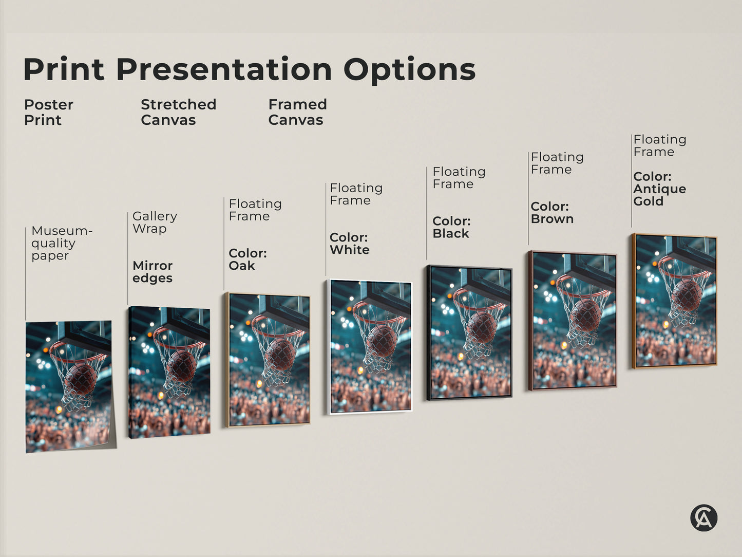 Explore print presentation options for basketball art. Choose from poster prints stretched canvas and framed canvas. Options include gallery wrap mirror edges and floating frames. Available in oak white black brown and antique gold frames.