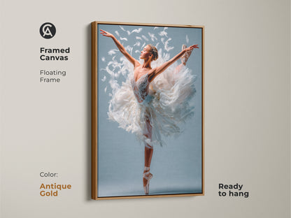 Framed canvas art in antique gold featuring a ballerina in a white tutu. The floating frame complements the artwork. It is ready to hang. Bring sophistication to your home with this framed ballerina piece.