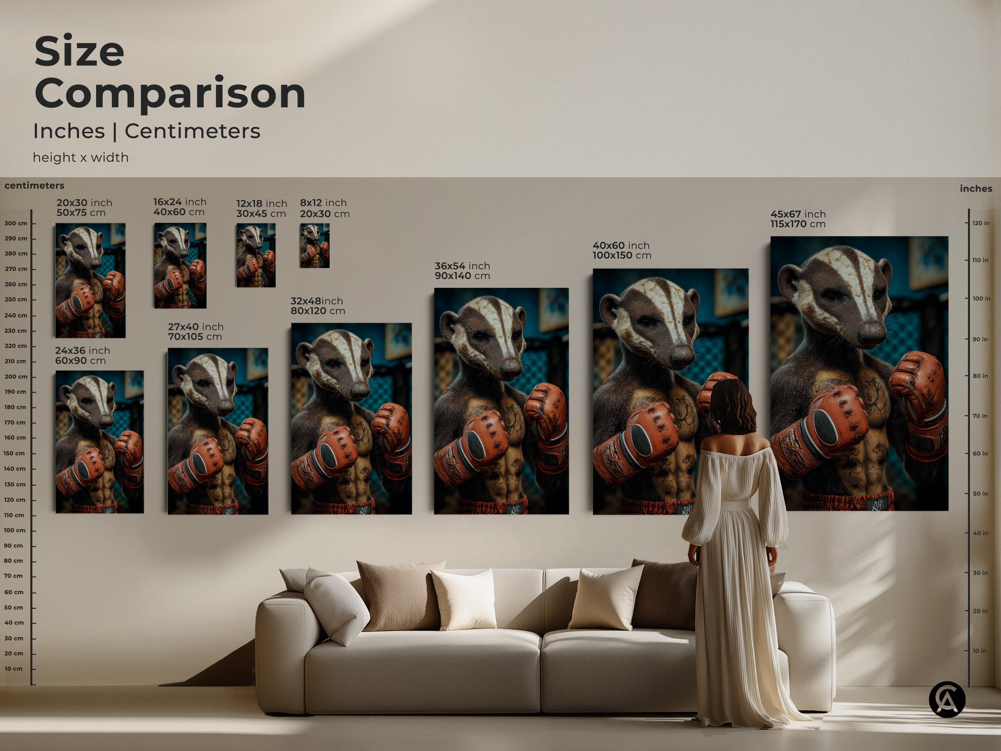 Size comparison showcasing the Badger Boxer art print. See it in inches and centimeters alongside stylish home decor. Visualize different sizes to fit your space. Perfect for office wall decor or a unique eclectic gift. Find the ideal sports animal artwork for your home.