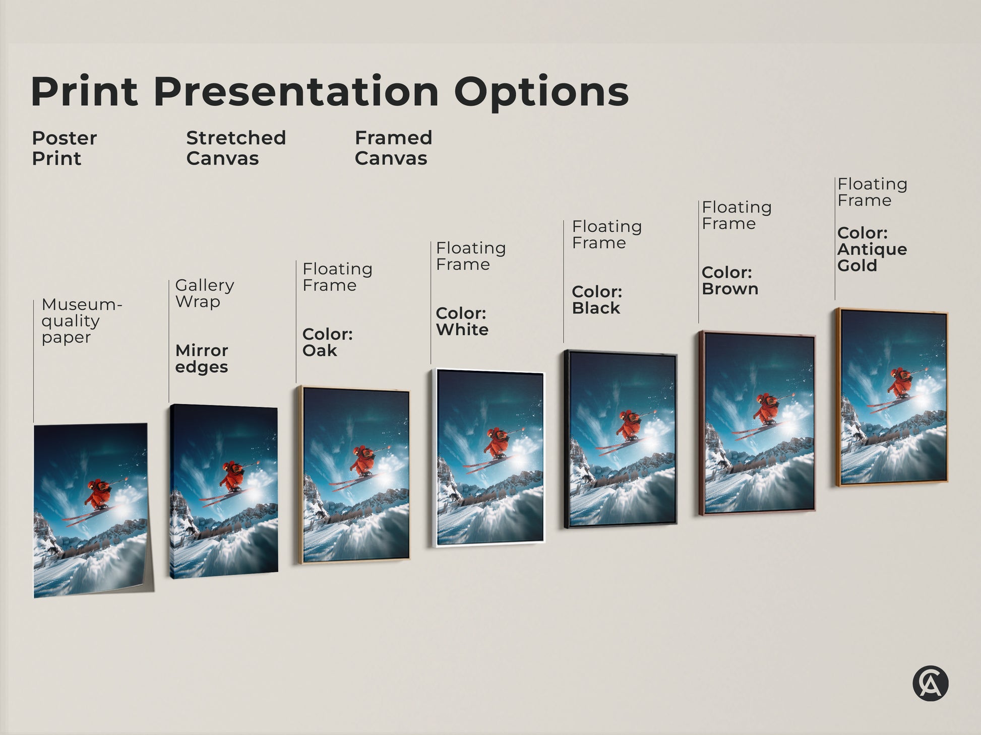 Explore our print presentation options. Choose from poster prints stretched canvas or framed canvas. Each format showcases the dynamic skier artwork. Find the perfect style to match your taste and decor. Elevate your space with action art.
