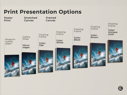 Explore our print presentation options. Choose from poster prints stretched canvas or framed canvas. Each format showcases the dynamic skier artwork. Find the perfect style to match your taste and decor. Elevate your space with action art.