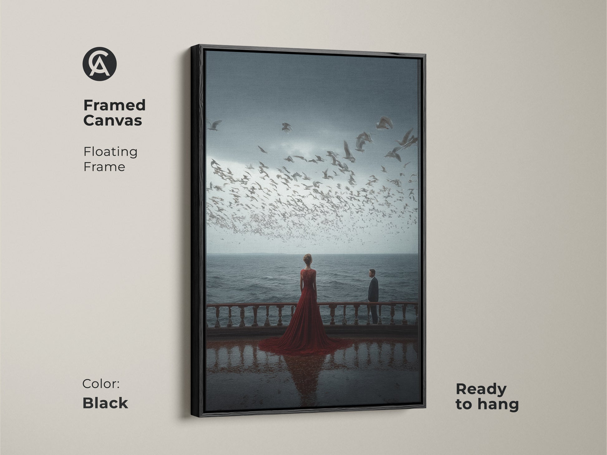A black framed canvas features couple art ready to hang. The floating frame enhances the contemporary artwork. This romantic bedroom wall art depicts a couple watching seagulls. It's a thoughtful anniversary gift for them. The artistic ocean view print adds a touch of modern elegance.