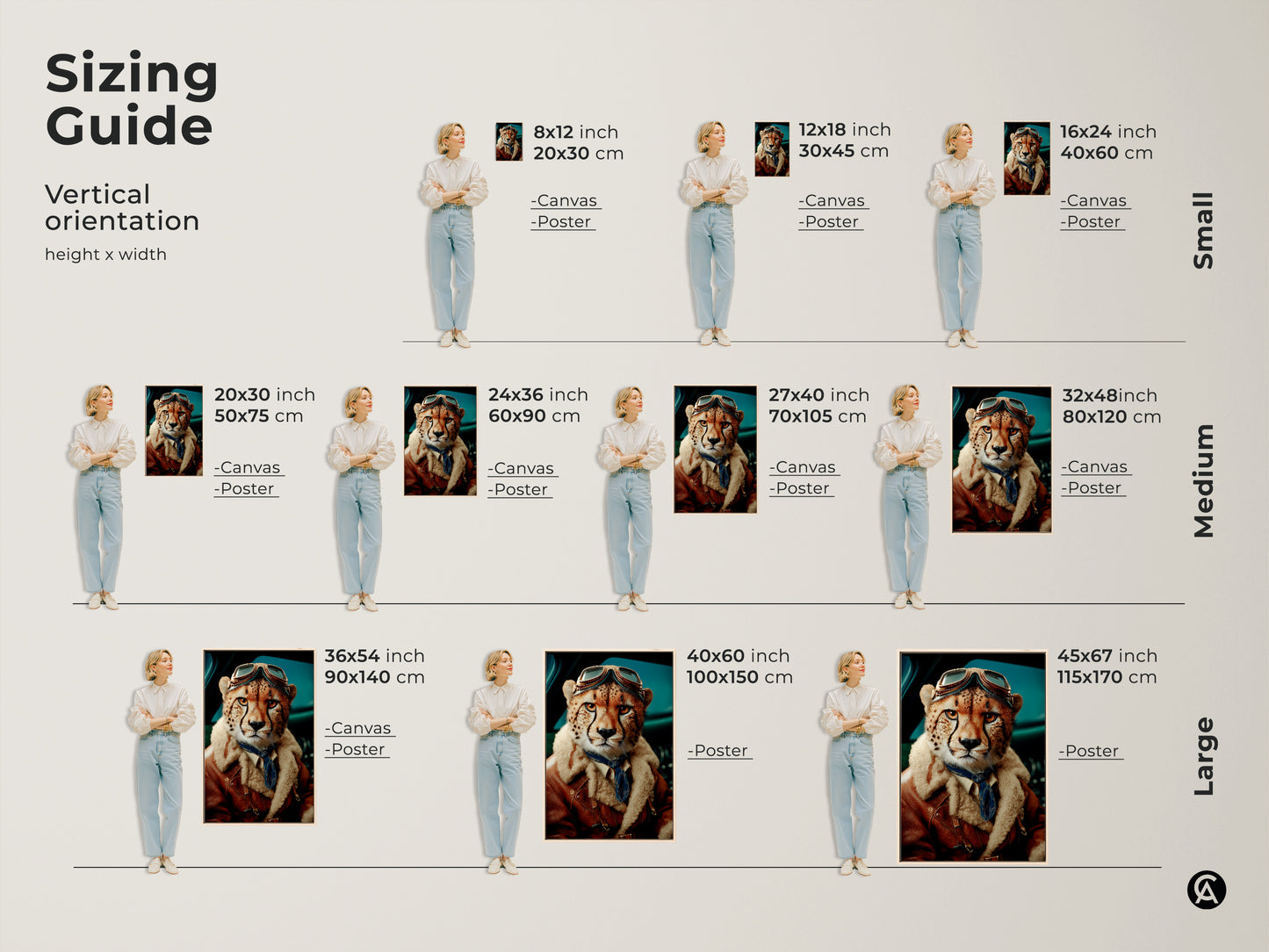 Sizing guide showing vertical orientation of cheetah aviator canvas and poster print in small medium and large sizes. Perfect for visualizing how this adventurous wall decor will fit in your space.