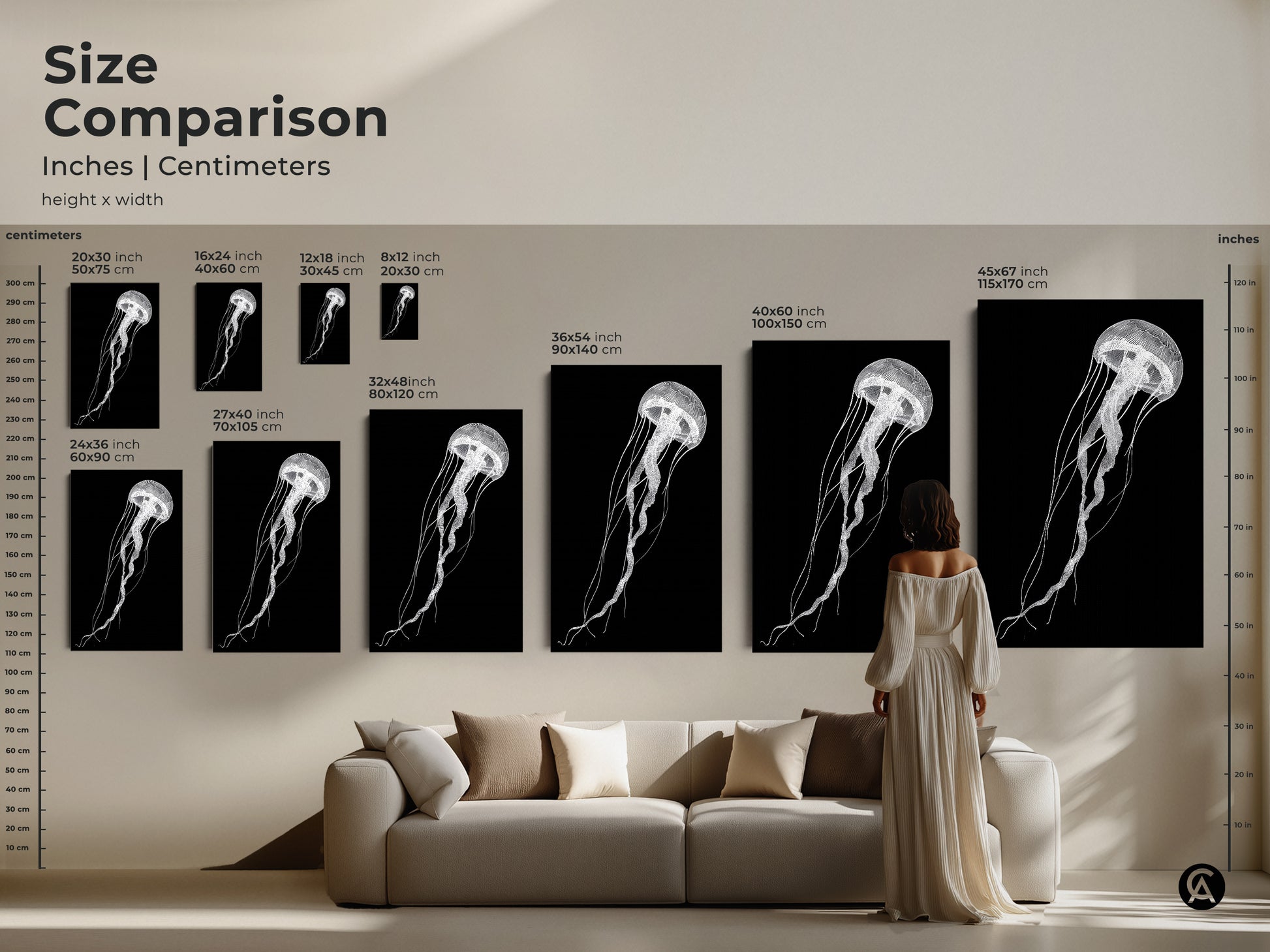 A size comparison displays minimalist jellyfish art in various dimensions above a sofa. The black and white line art is a perfect addition to any living room showcasing contemporary sea life decor.