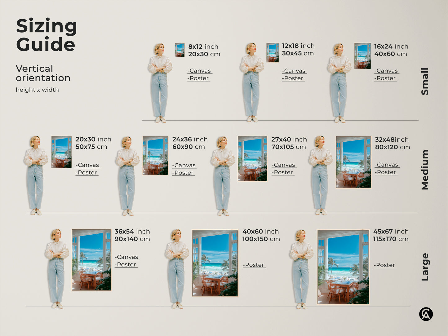 Sizing guide for vertical beach view artwork. Available as canvas or poster prints. Sizes range from small 8x12 to large 45x67 inches. Perfect for creating a stunning focal point in any room. Find the ideal size to complement your space and style.