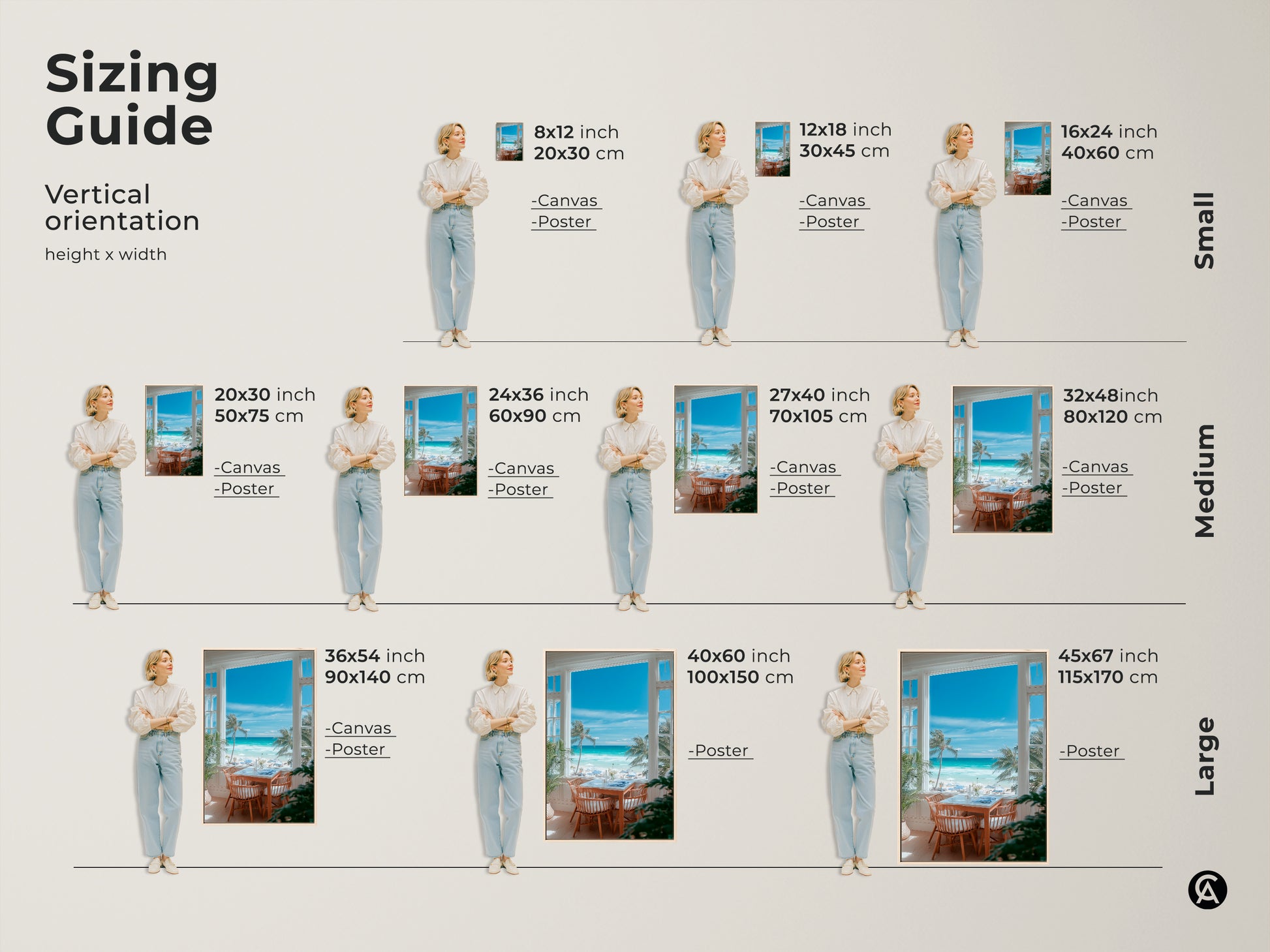 Sizing guide for vertical beach view artwork. Available as canvas or poster prints. Sizes range from small 8x12 to large 45x67 inches. Perfect for creating a stunning focal point in any room. Find the ideal size to complement your space and style.