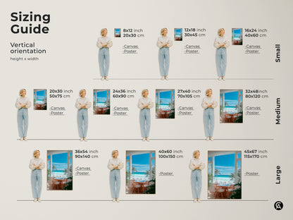 Sizing guide for vertical beach view artwork. Available as canvas or poster prints. Sizes range from small 8x12 to large 45x67 inches. Perfect for creating a stunning focal point in any room. Find the ideal size to complement your space and style.