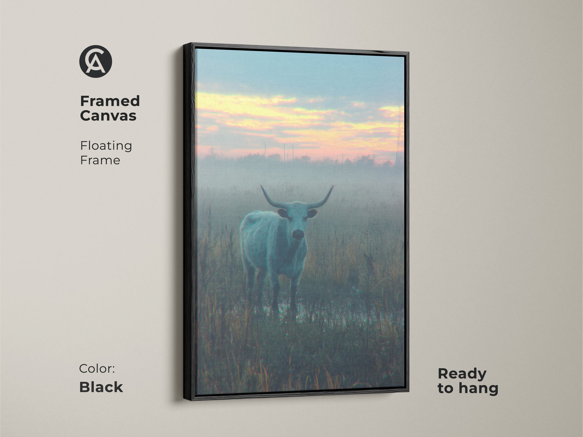 Black framed canvas art print of a longhorn bull in a foggy field. This floating frame canvas is ready to hang. This contemporary artwork adds a touch of rustic elegance to your home decor. 