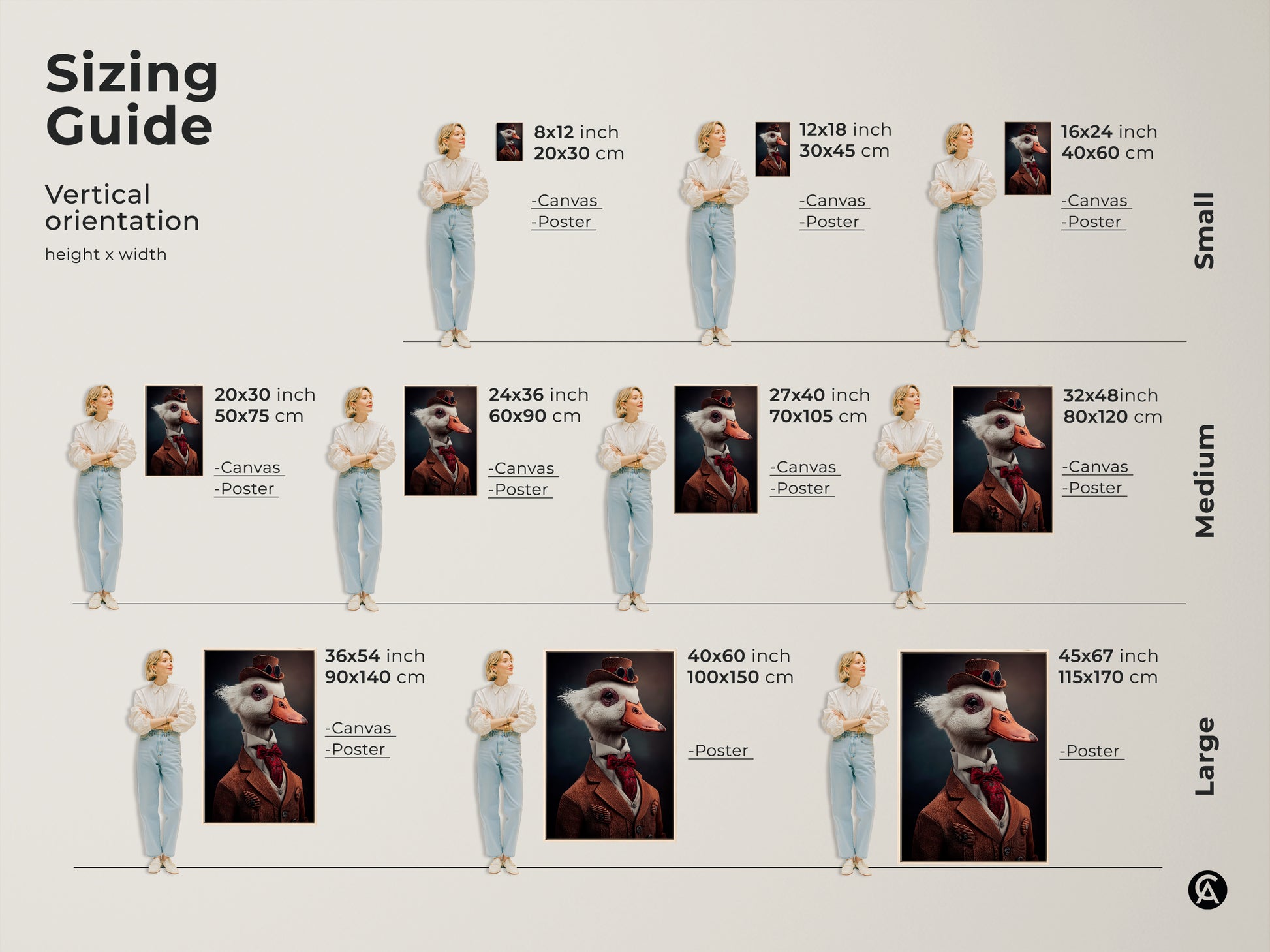 Sizing guide for vertical orientation of steampunk goose artwork. The canvas and poster art is available in small medium and large sizes. Great for animal lovers. Workplace wall decor.