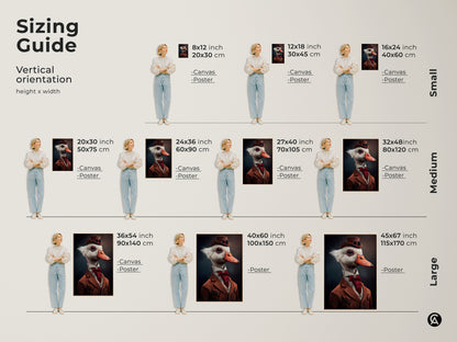 Sizing guide for vertical orientation of steampunk goose artwork. The canvas and poster art is available in small medium and large sizes. Great for animal lovers. Workplace wall decor.