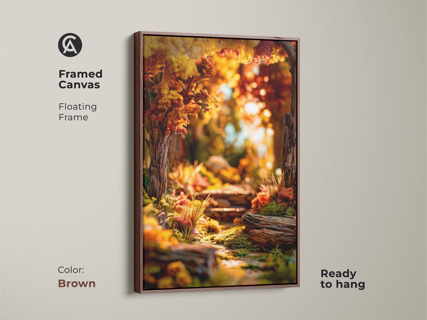 Framed canvas art featuring a forest path scene. The floating frame is brown. The autumn colors in this landscape artwork are warm and inviting. This framed art is ready to hang.
