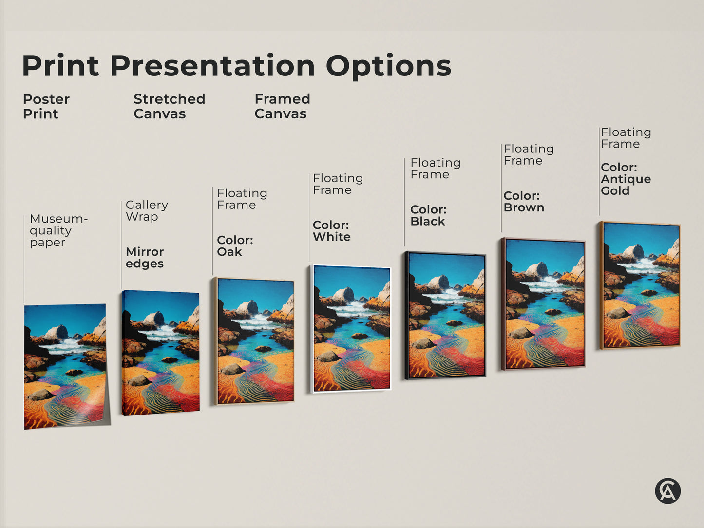 Print presentation options for the ocean wave art. Poster print and stretched canvas. Framed canvas comes in oak white black brown and antique gold. The floating frame enhances museum-quality edges.