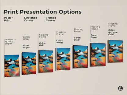 Print presentation options for the ocean wave art. Poster print and stretched canvas. Framed canvas comes in oak white black brown and antique gold. The floating frame enhances museum-quality edges.