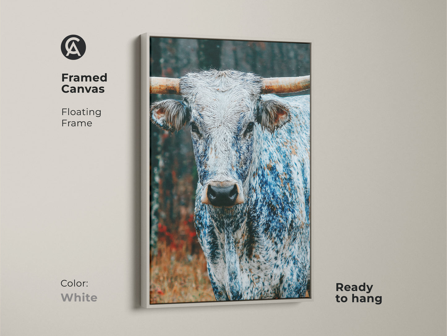 Framed canvas art featuring a Longhorn. The floating frame is white. This ready-to-hang piece provides a clean modern look. The animal's portrait is impactful. It is a versatile choice for various decor styles.