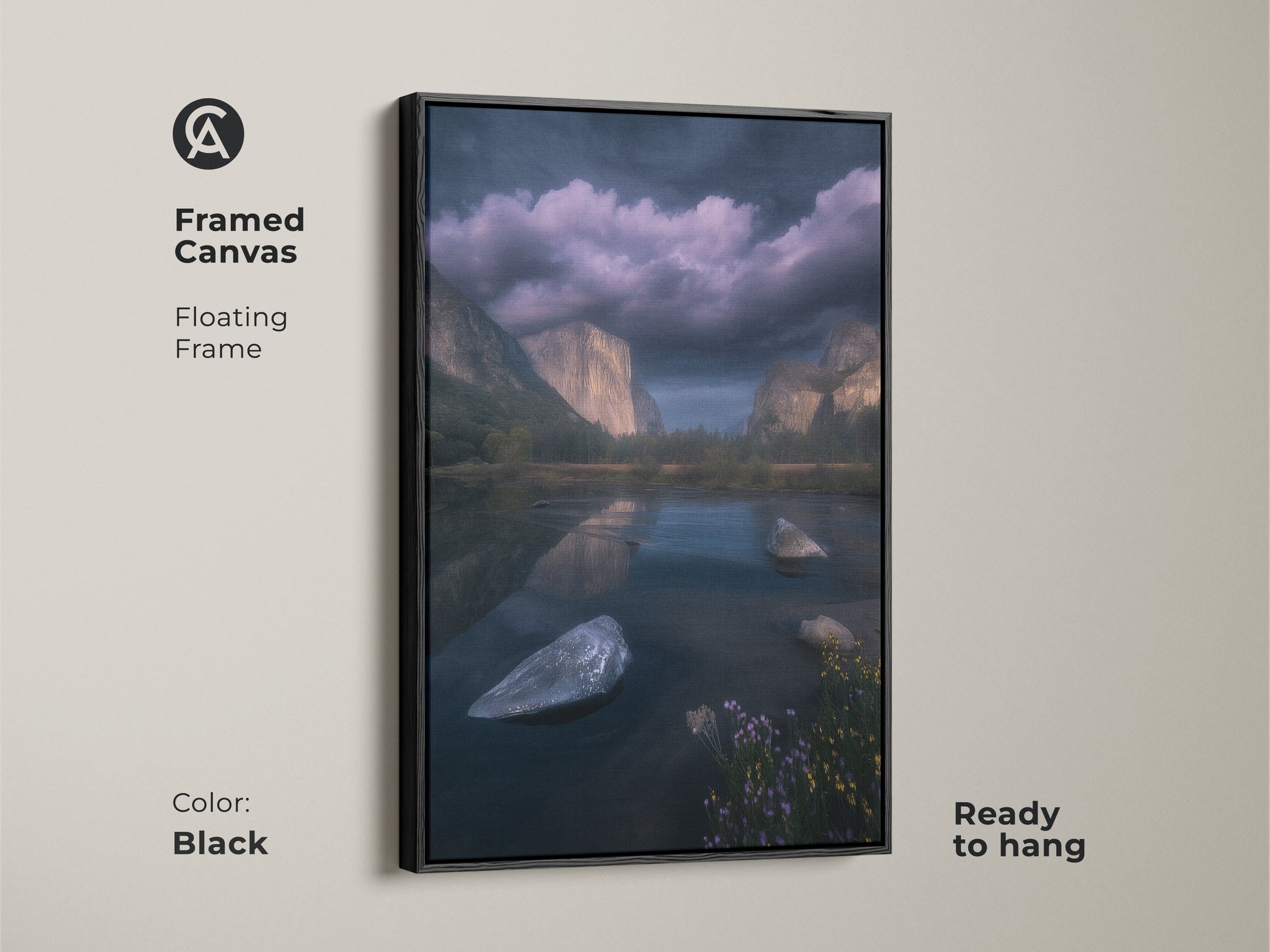 Black framed canvas of El Capitan and Merced River Yosemite. A floating frame enhances this dark blue mountain landscape art. Ready to hang nature wall art for contemporary home decor. This photorealistic artwork brings the grandeur of Yosemite Valley to your living room.