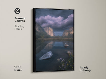 Black framed canvas of El Capitan and Merced River Yosemite. A floating frame enhances this dark blue mountain landscape art. Ready to hang nature wall art for contemporary home decor. This photorealistic artwork brings the grandeur of Yosemite Valley to your living room.