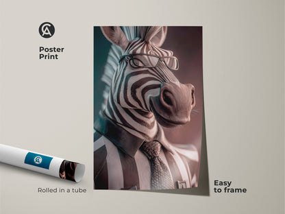 Poster print of a zebra in a suit. It is an easy to frame monochrome office decor piece. This contemporary digital art on museum-quality paper adds a quirky touch. This animal suit wall hanging is a great gift for animal lovers.