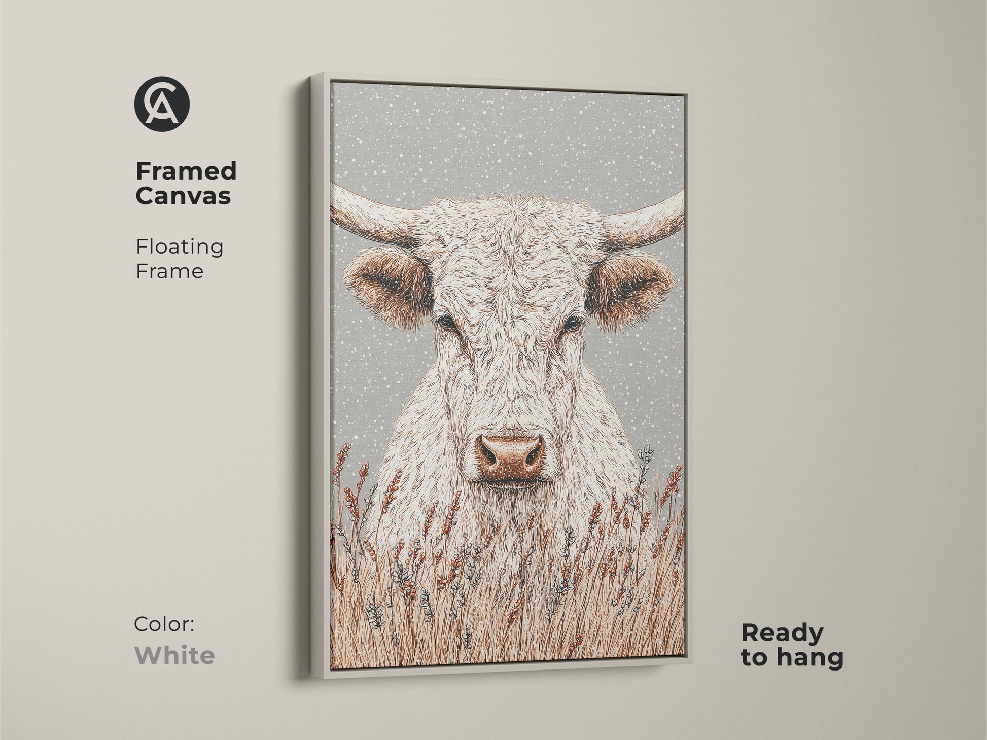 Framed canvas artwork of a white longhorn bull with a white floating frame. The white frame provides a clean and modern look. Ready to hang in your home or office. A stylish addition to your decor.