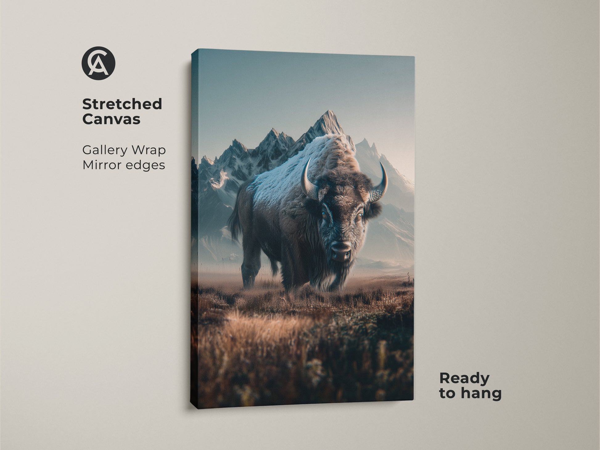 Stretched canvas art featuring a bison in a mountain landscape. Gallery wrapped with mirrored edges this piece is ready to hang. A striking animal artwork perfect for nature lovers seeking unique decor.