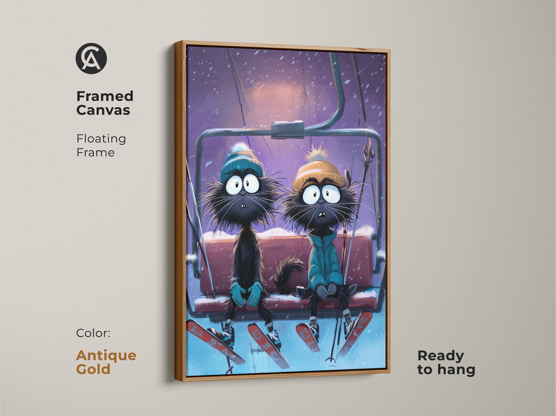 A framed canvas presents a cartoon cat couple on a ski lift. This winter animals wall decor is ready to hang. The antique gold floating frame adds a touch of elegance to the eclectic home decor art. It is ideal for a cat lover. The cartoon animal wall hanging is a unique gift.