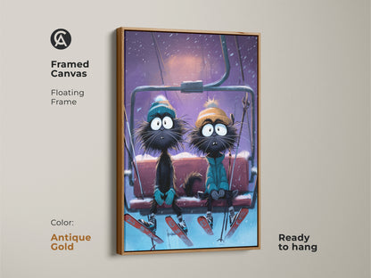 A framed canvas presents a cartoon cat couple on a ski lift. This winter animals wall decor is ready to hang. The antique gold floating frame adds a touch of elegance to the eclectic home decor art. It is ideal for a cat lover. The cartoon animal wall hanging is a unique gift.