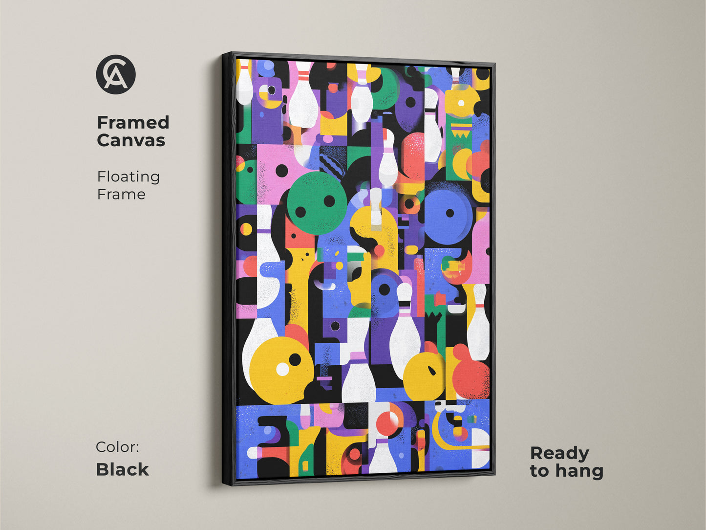 Framed Canvas Print with a floating frame. Geometric Abstract Wall Art in a retro bowling style. This colorful eclectic decor is ready to hang. Perfect for a game room or office. The frame is black.