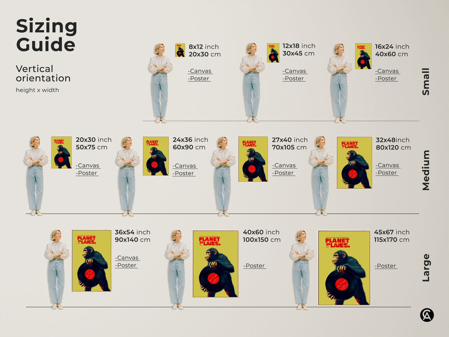 Sizing guide for the chimpanzee with vinyl record artwork. Visualize different sizes of this retro music poster in canvas and poster prints. Find the ideal dimensions to enhance your office den or eclectic home decor with this unique animal artwork.