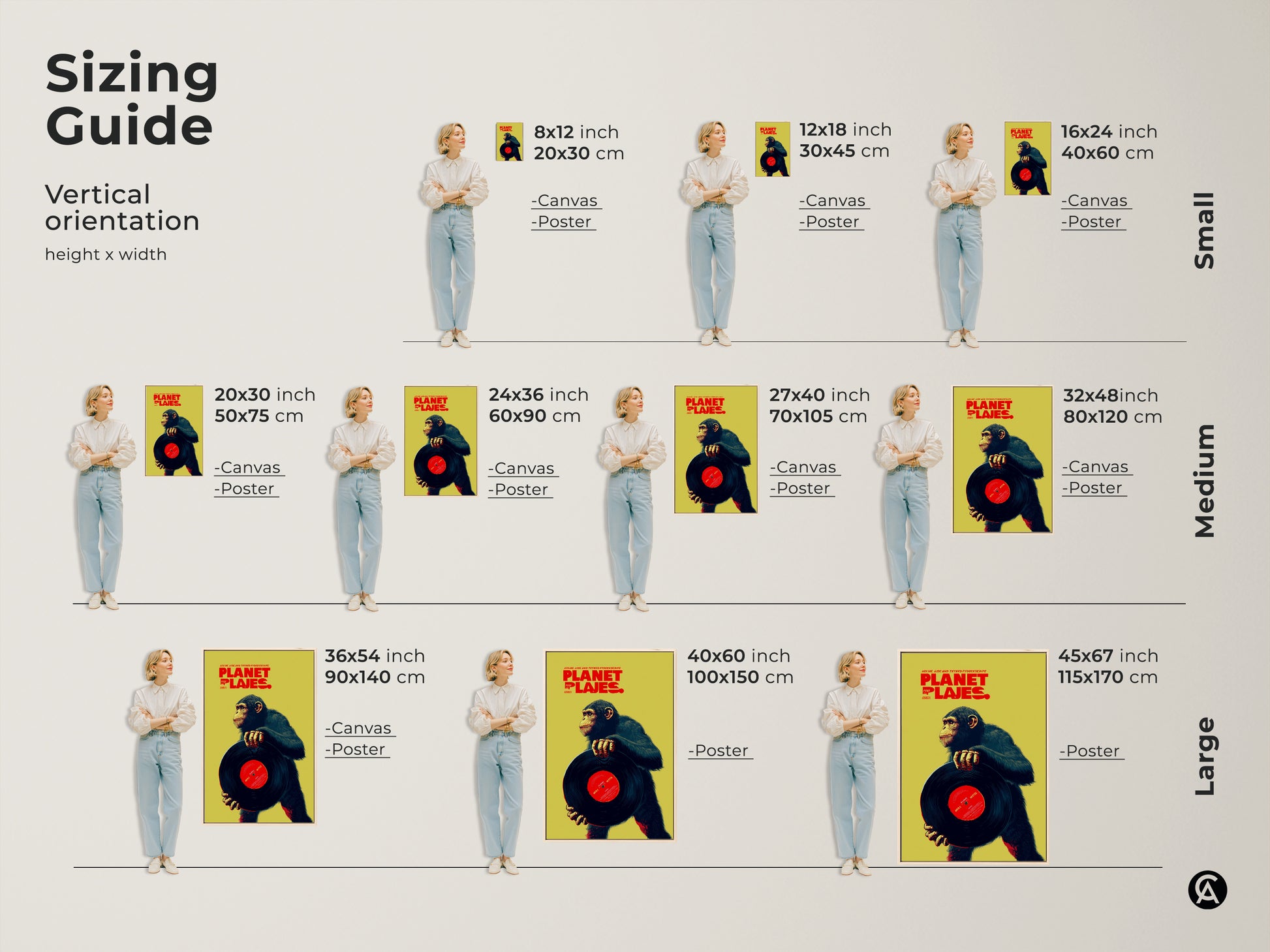 Sizing guide for the chimpanzee with vinyl record artwork. Visualize different sizes of this retro music poster in canvas and poster prints. Find the ideal dimensions to enhance your office den or eclectic home decor with this unique animal artwork.