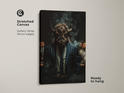 Stretched canvas art of a bull-headed man in a suit. This gallery-wrapped canvas has mirror edges. The artwork is ready to hang. A unique piece of art for any room. Perfect for those looking to add sophistication.