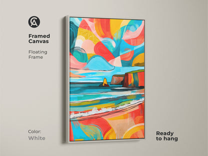 Framed canvas displaying abstract coastal artwork in a white floating frame. Ready to hang and brighten your walls. The blend of teal yellow and coral creates ocean waves and cliffs. Perfect eclectic decor for beach style lovers.