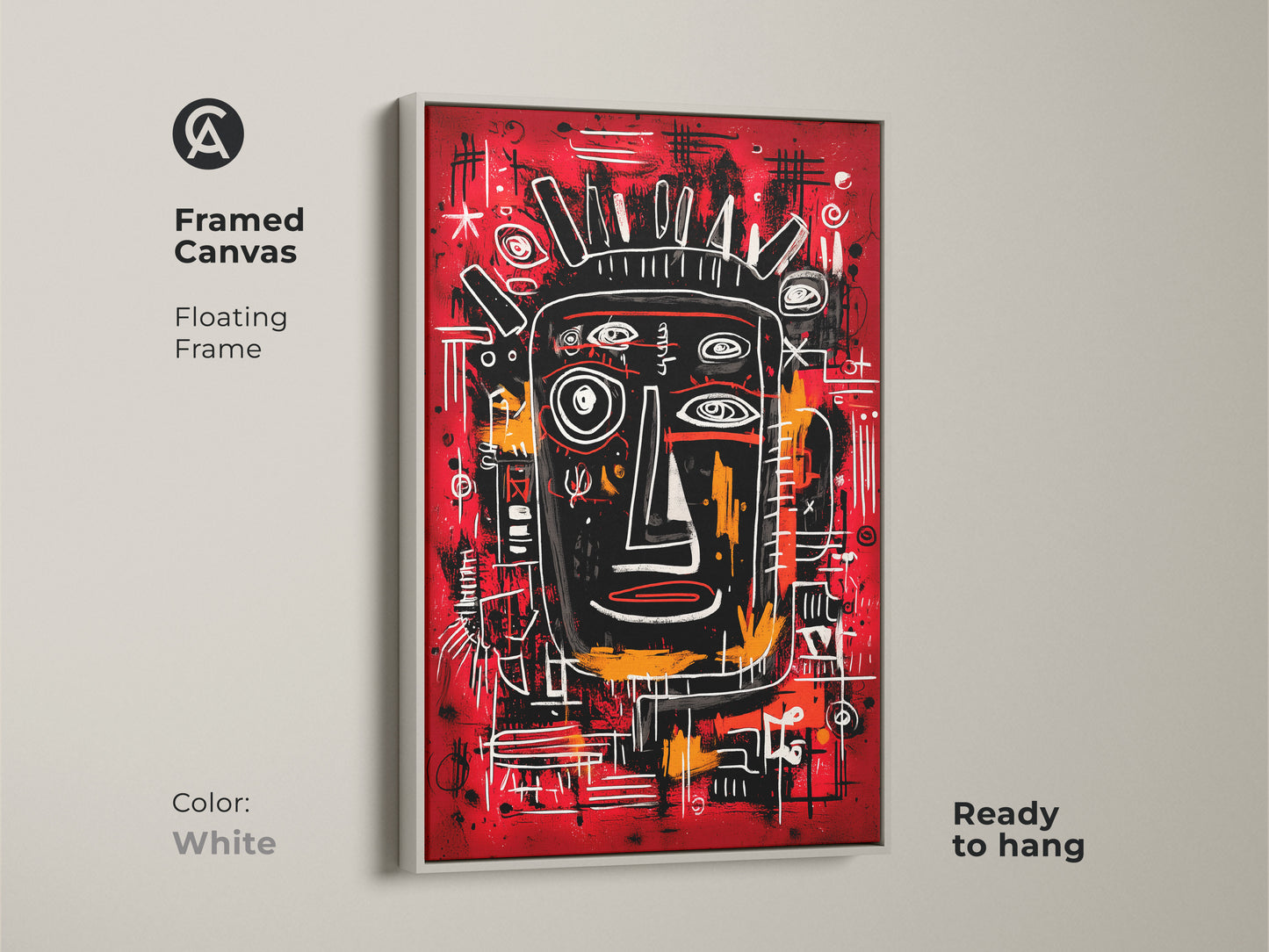 Framed canvas art with a floating frame. The artwork features an abstract face. The frame is white and ready to hang. The clean lines and bold image create a modern and eye-catching focal point.