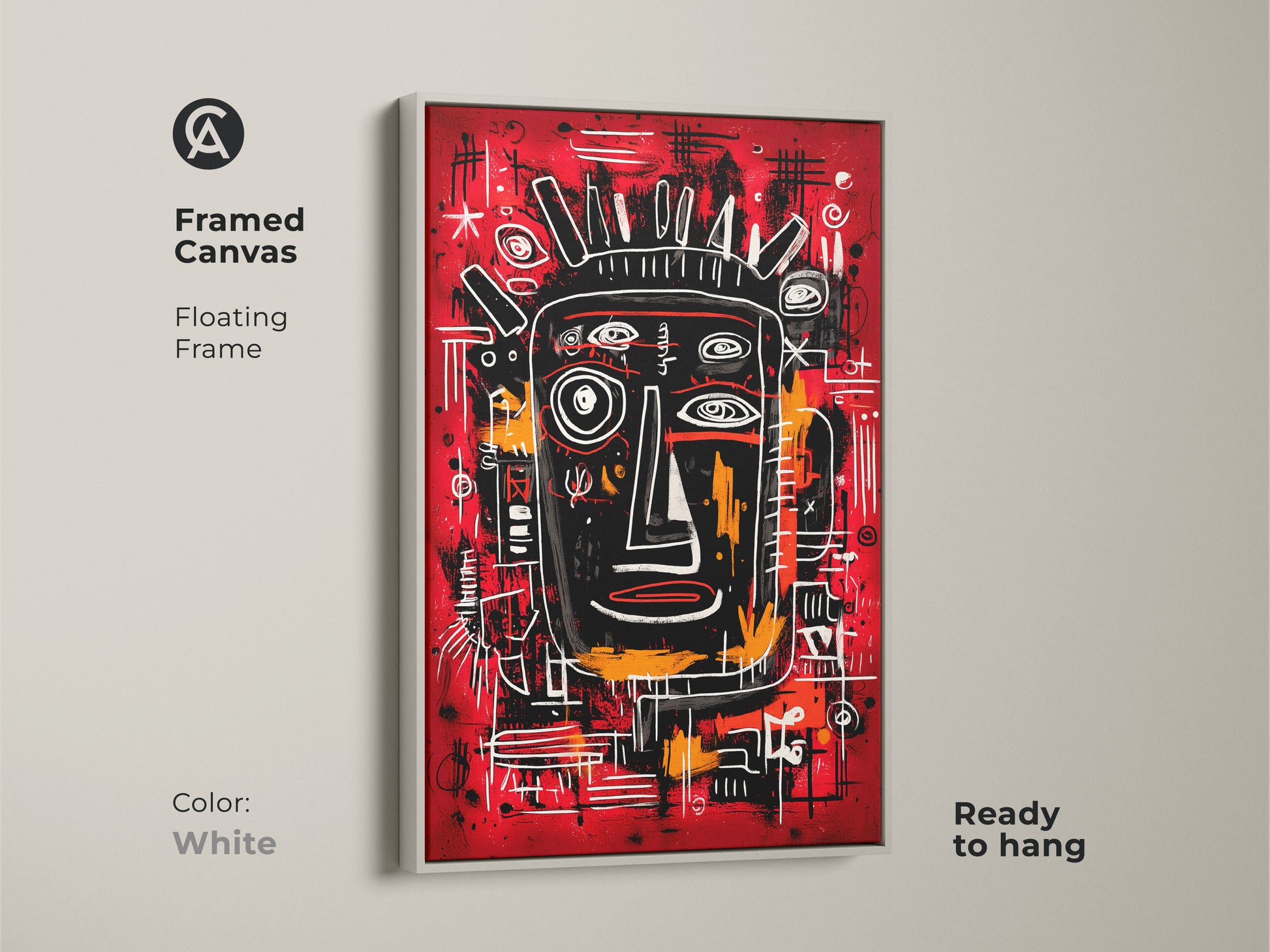Framed canvas art with a floating frame. The artwork features an abstract face. The frame is white and ready to hang. The clean lines and bold image create a modern and eye-catching focal point.