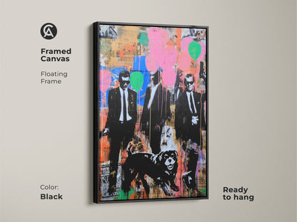 Black Framed Canvas of Graffiti Men Suits Dog Art. This urban pop art print is ready to hang. Ideal for a modern office or man cave. The floating frame adds a touch of sophistication. The black frame complements the artwork's bold colors.