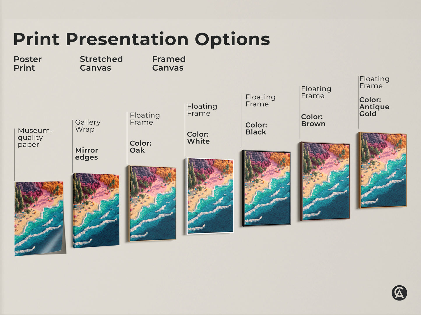Print presentation options for beach artwork. See poster prints stretched canvases and framed canvases. Choose from various floating frame colors. Options include black brown oak antique gold and white frames.