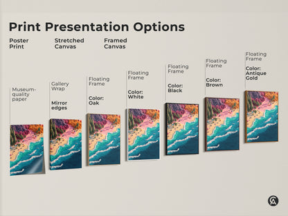 Print presentation options for beach artwork. See poster prints stretched canvases and framed canvases. Choose from various floating frame colors. Options include black brown oak antique gold and white frames.