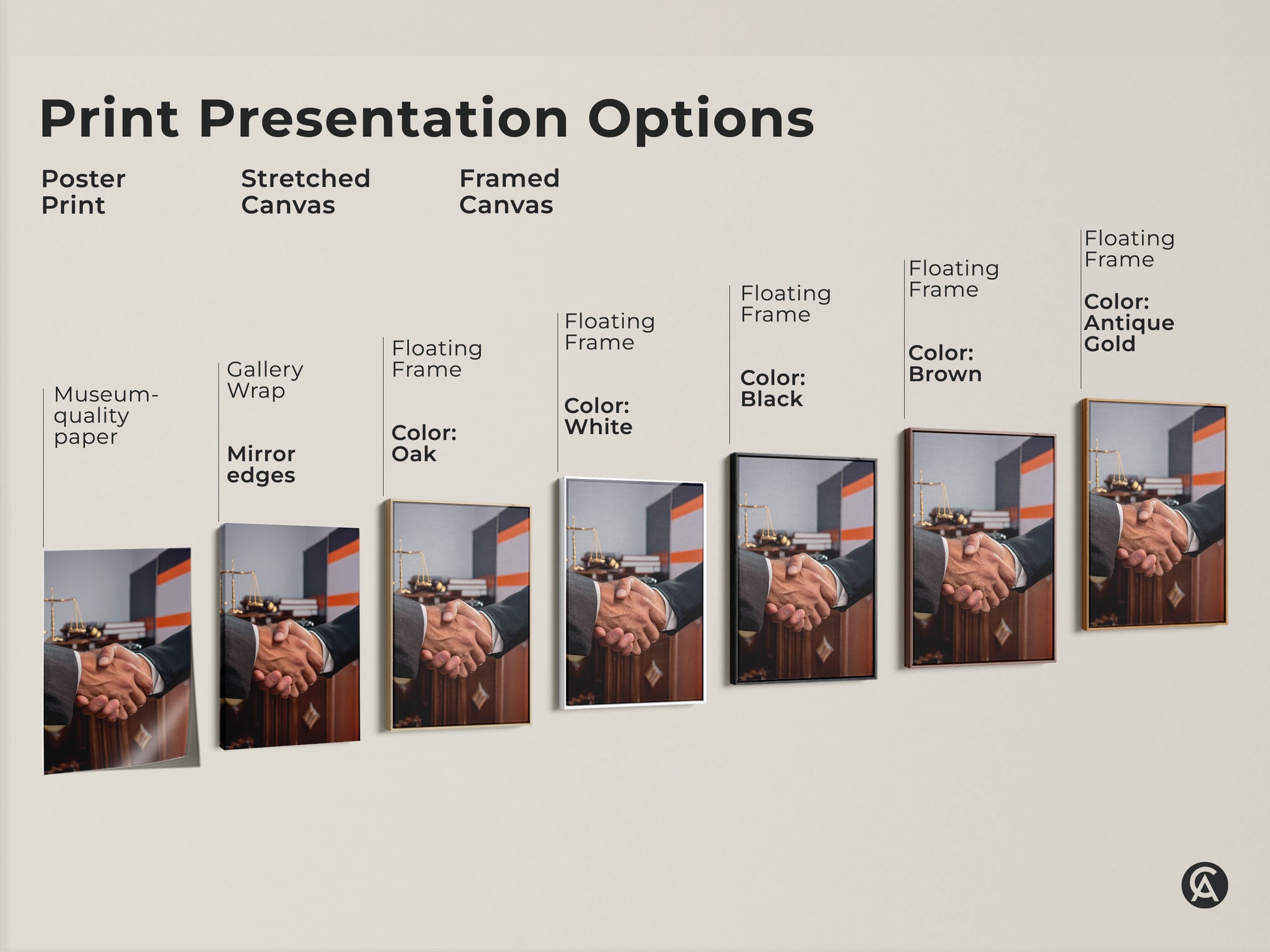 Explore print presentation options for handshake art. Choose from a poster print stretched canvas or framed canvas. Find the perfect finish for your lawyer gift or office wall art. Options include black brown antique gold and oak frames. Discover museum-quality paper and gallery-wrapped edges for sophisticated office decor.